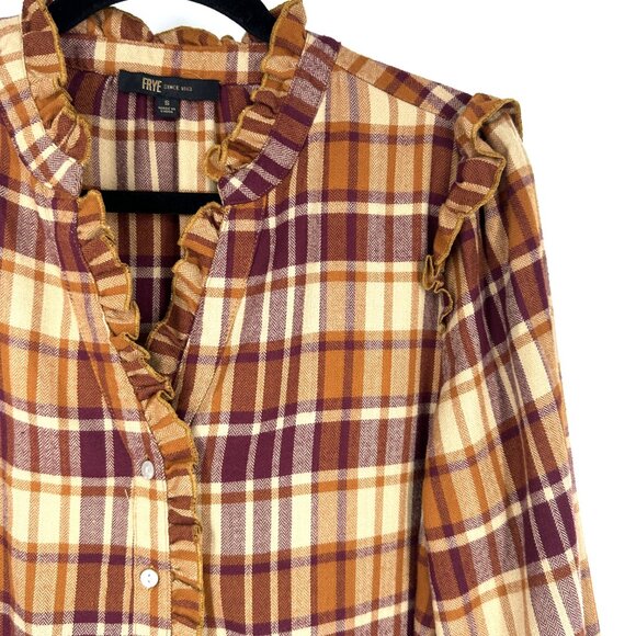 Frye Women's Ruffle Placket Flannel Plaid Top Maroon Gold Yellow Small - Picture 2 of 8